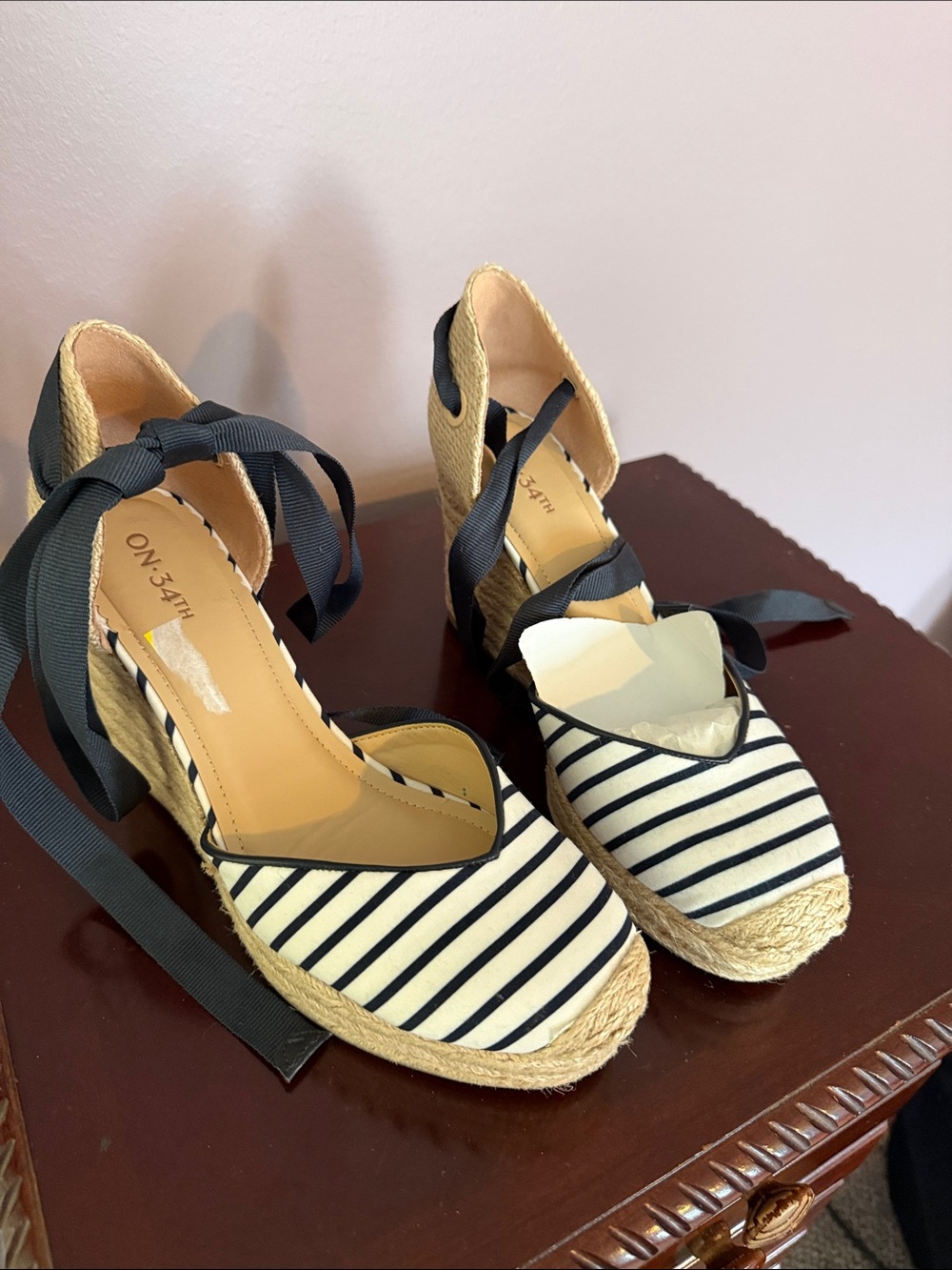 Striped Navy and Cream Espadrille Wedges with Ankle Tie